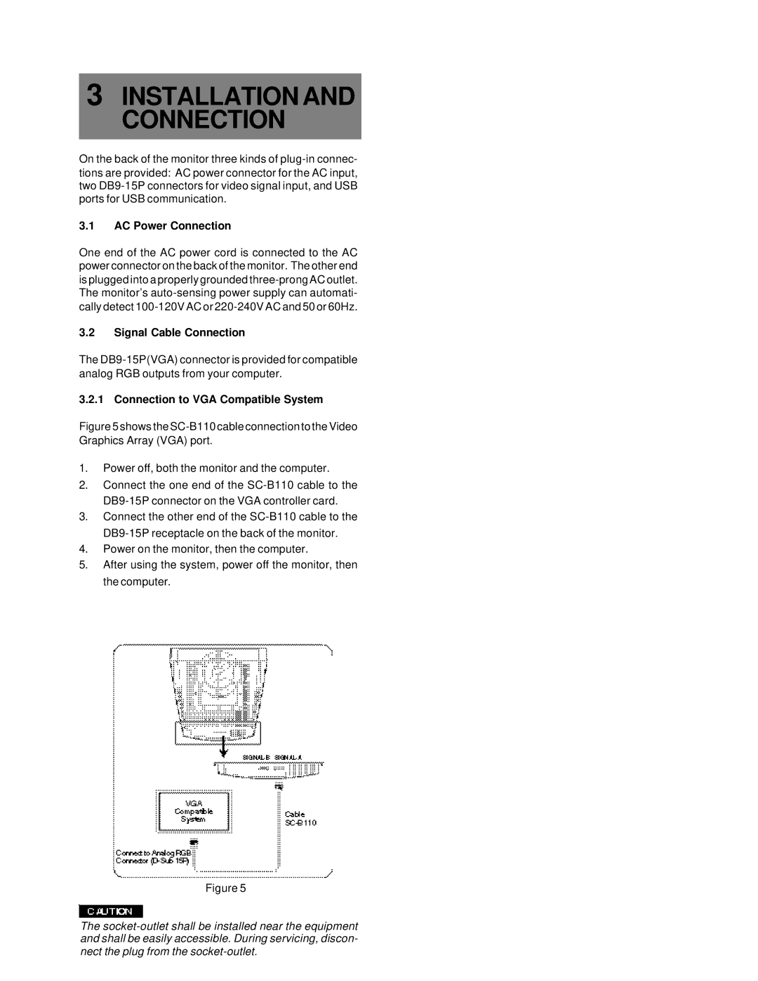 Compaq 1220 Installation and Connection, AC Power Connection, Signal Cable Connection, Connection to VGA Compatible System 