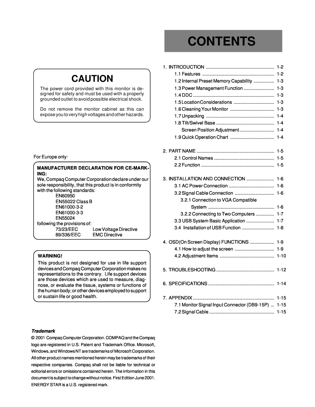 Compaq 1220 manual Contents, Manufacturer Declaration For Ce-Mark- Ing, Trademark 