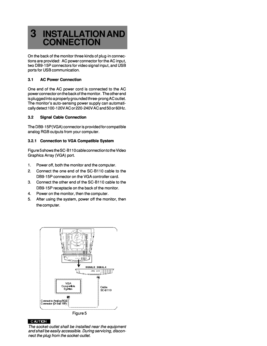 Compaq 1220 Installation And Connection, AC Power Connection, Signal Cable Connection, Connection to VGA Compatible System 