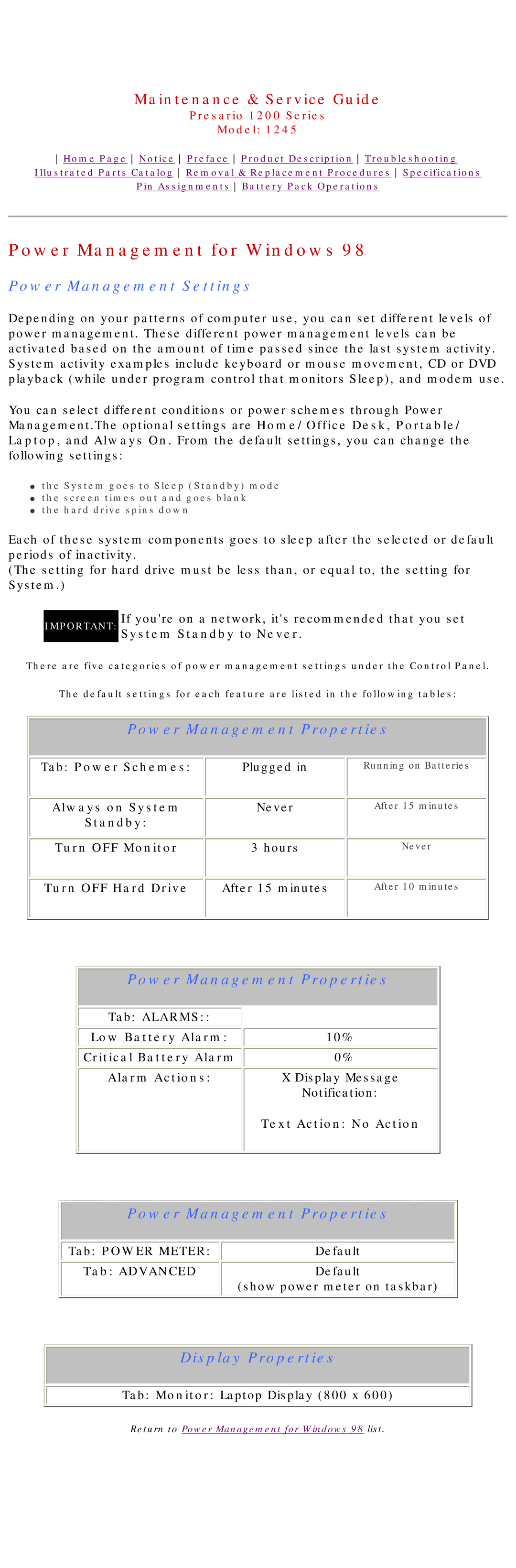 Compaq 1245 specifications Power Management Settings, Power Management Properties, Display Properties 