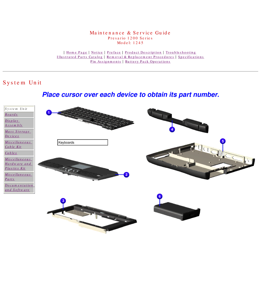 Compaq 1245 specifications Place cursor over each device to obtain its part number, System Unit 