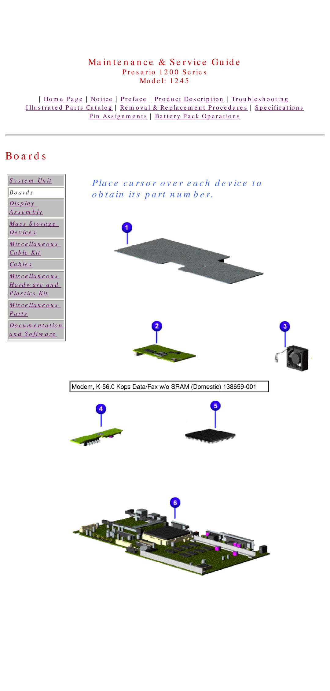 Compaq 1245 specifications Boards, Place cursor over each device to obtain its part number 