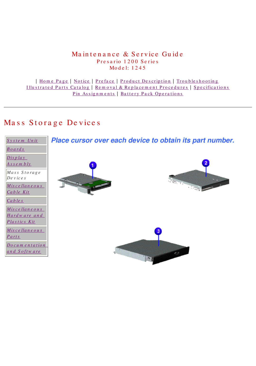 Compaq 1245 specifications Mass Storage Devices, Place cursor over each device to obtain its part number 