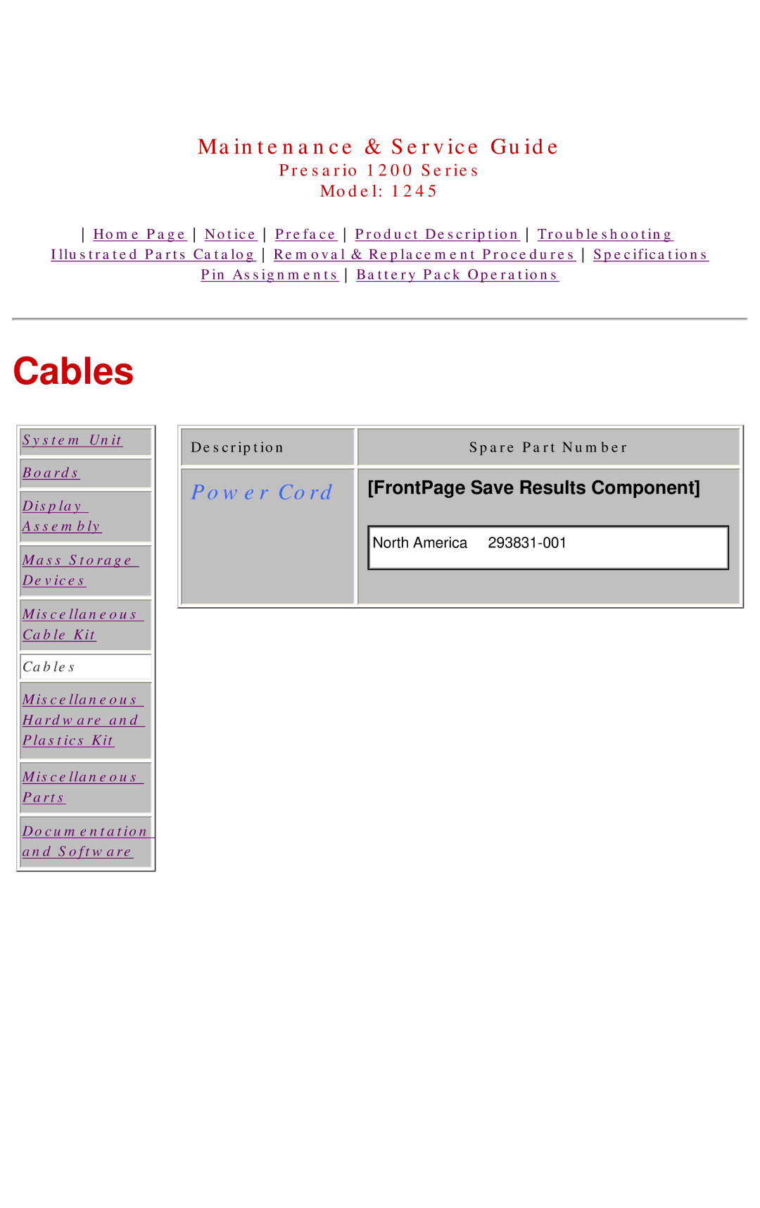 Compaq 1245 specifications Cables, Power Cord 