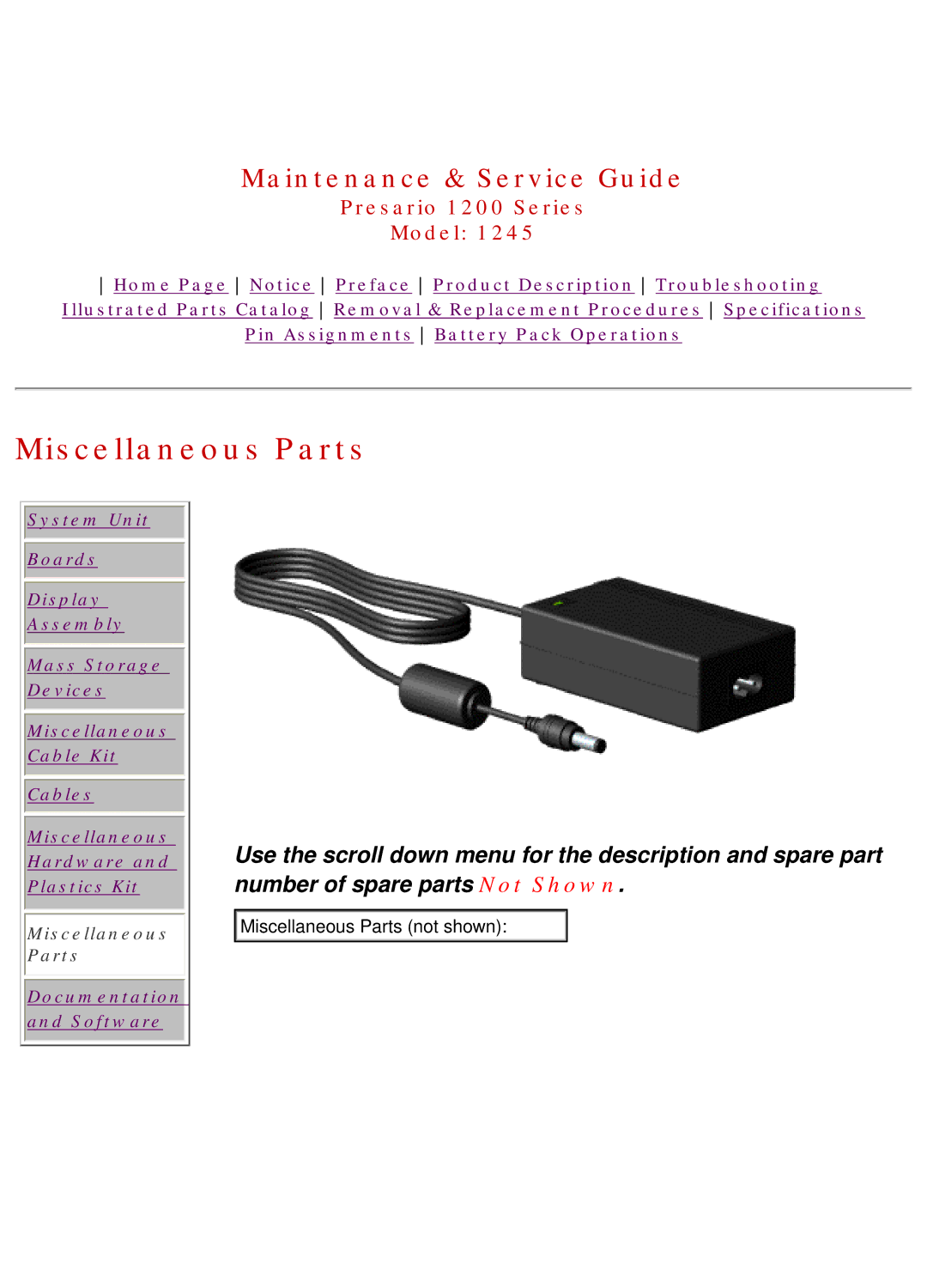 Compaq 1245 specifications Miscellaneous Parts 