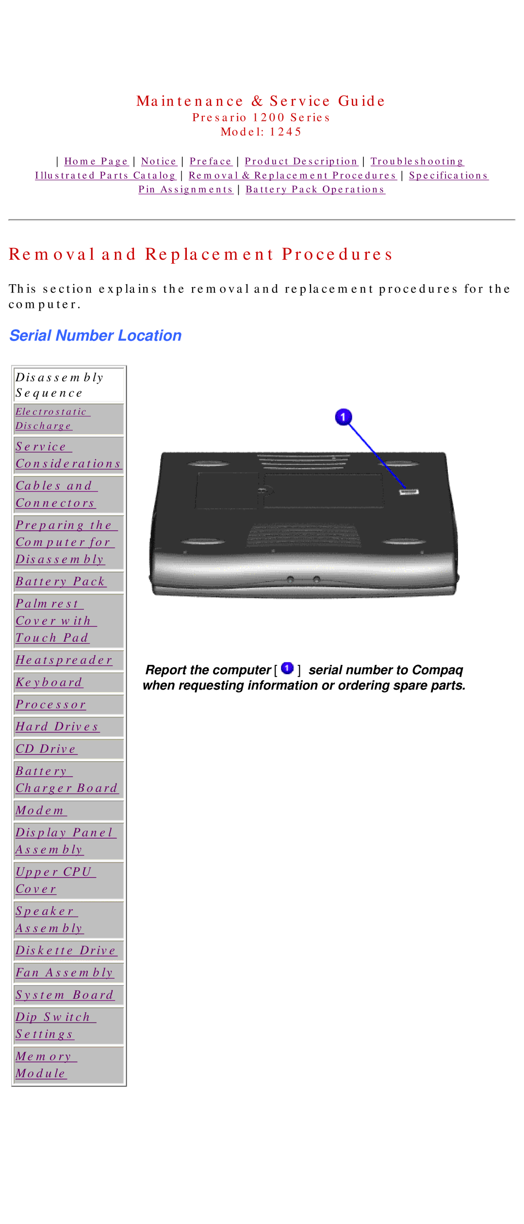 Compaq 1245 specifications Removal and Replacement Procedures, Serial Number Location 