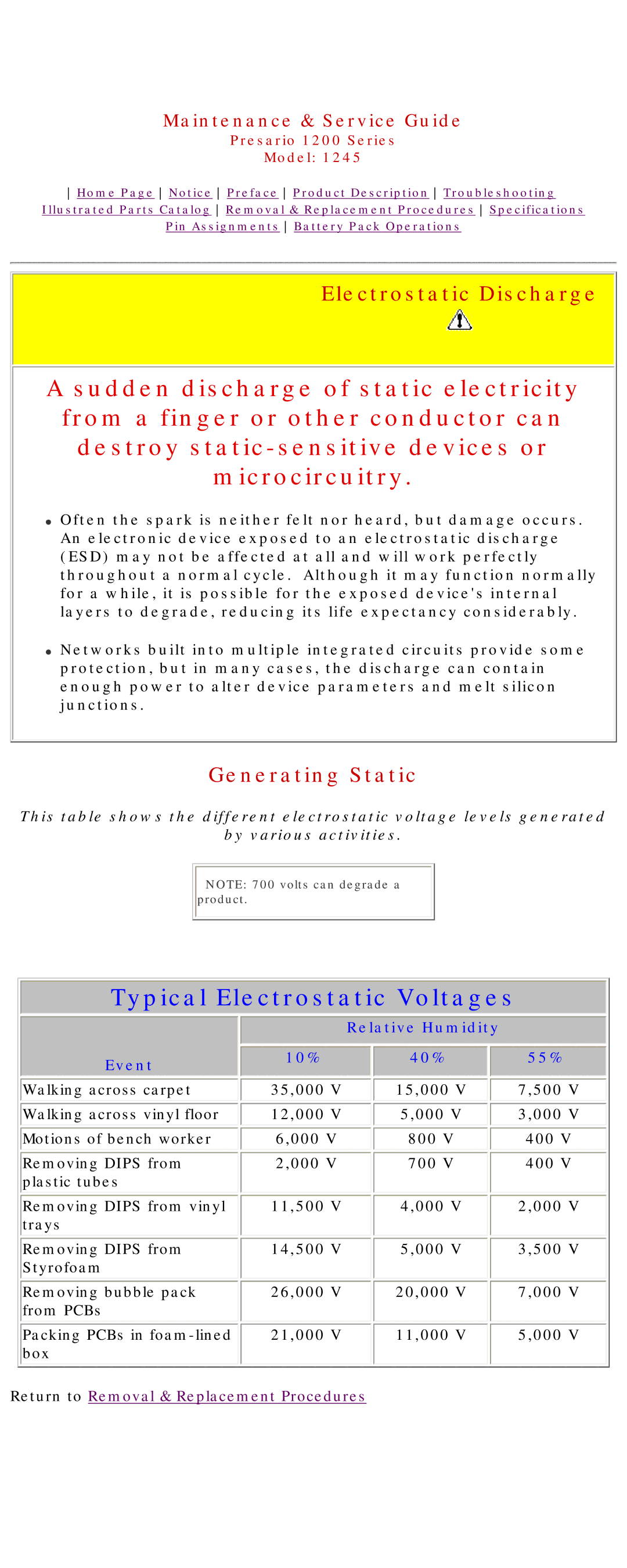 Compaq 1245 specifications Electrostatic Discharge, Generating Static 