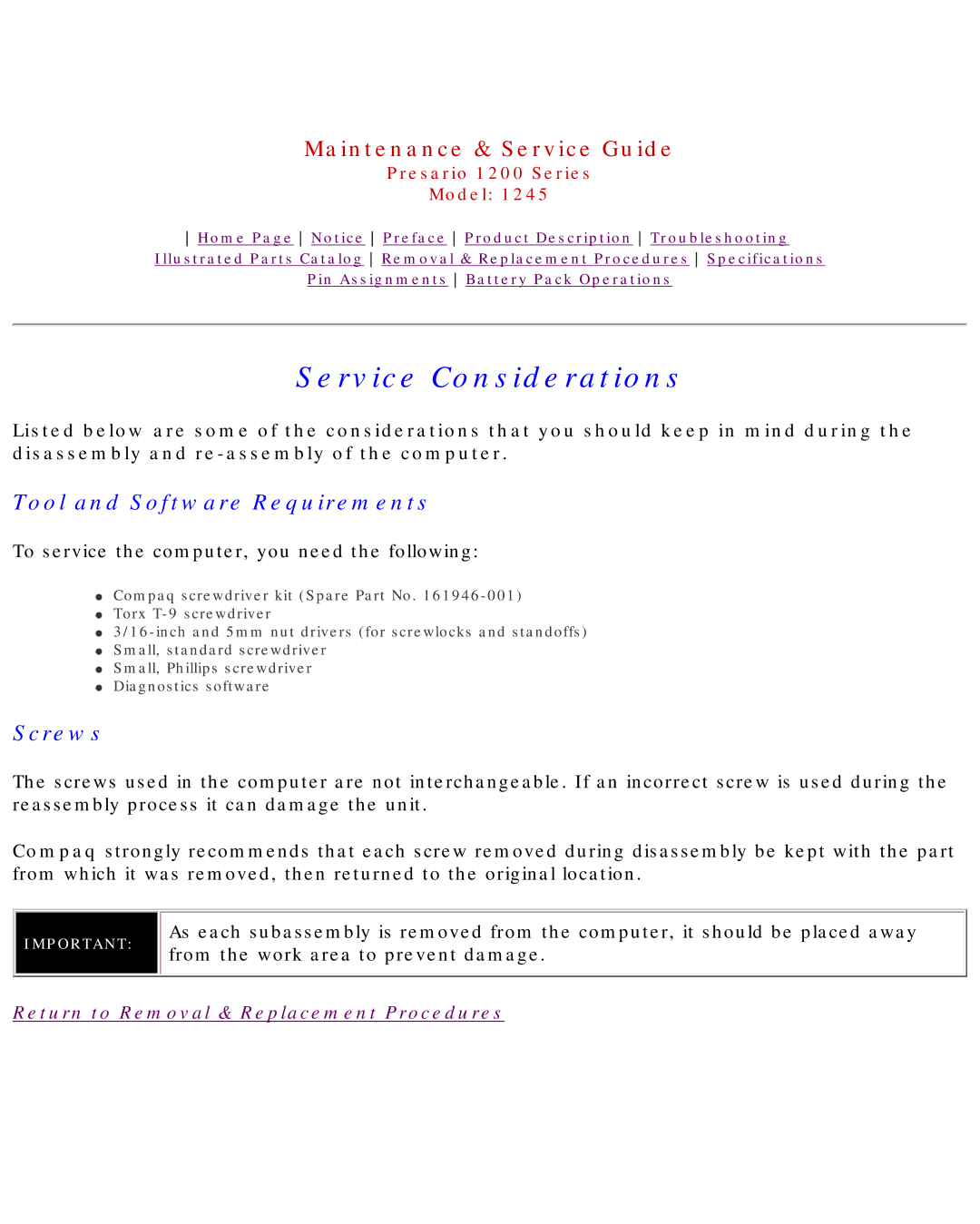 Compaq 1245 specifications Service Considerations 