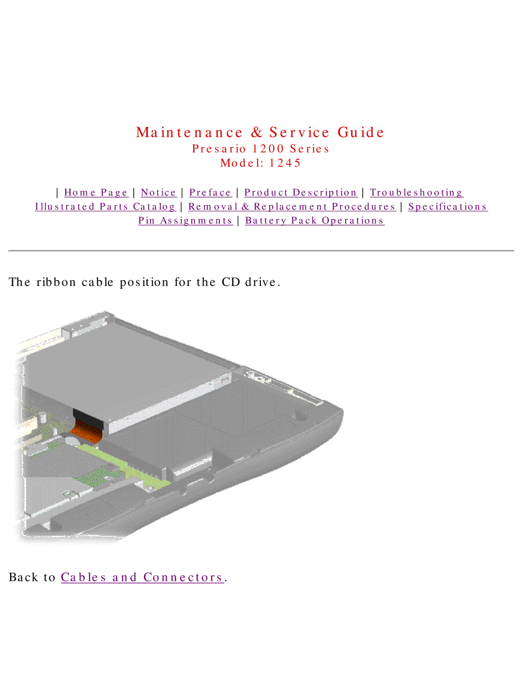 Compaq 1245 specifications Ribbon cable position for the CD drive 