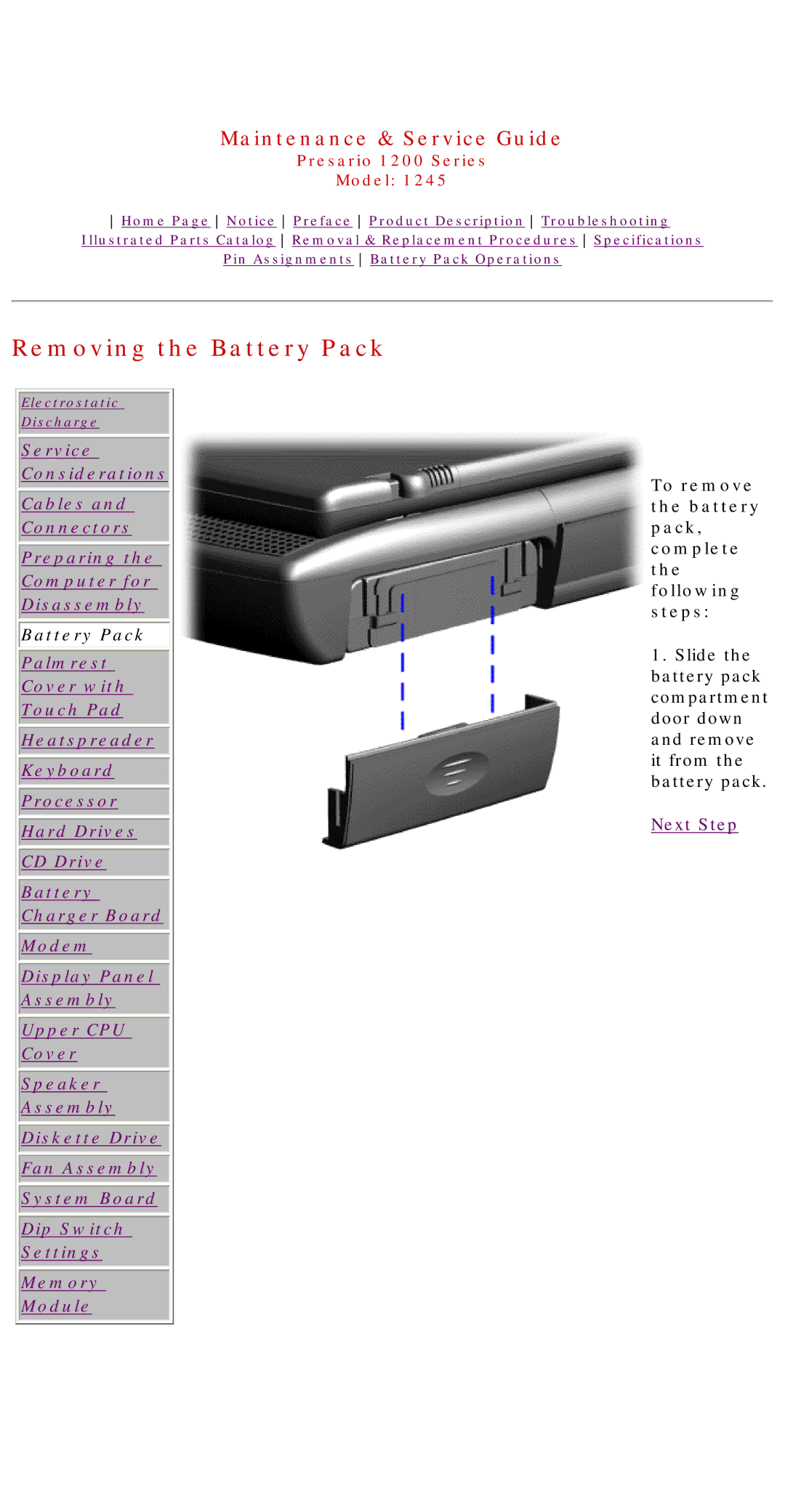 Compaq 1245 specifications Removing the Battery Pack, To remove the battery pack, complete the following steps 