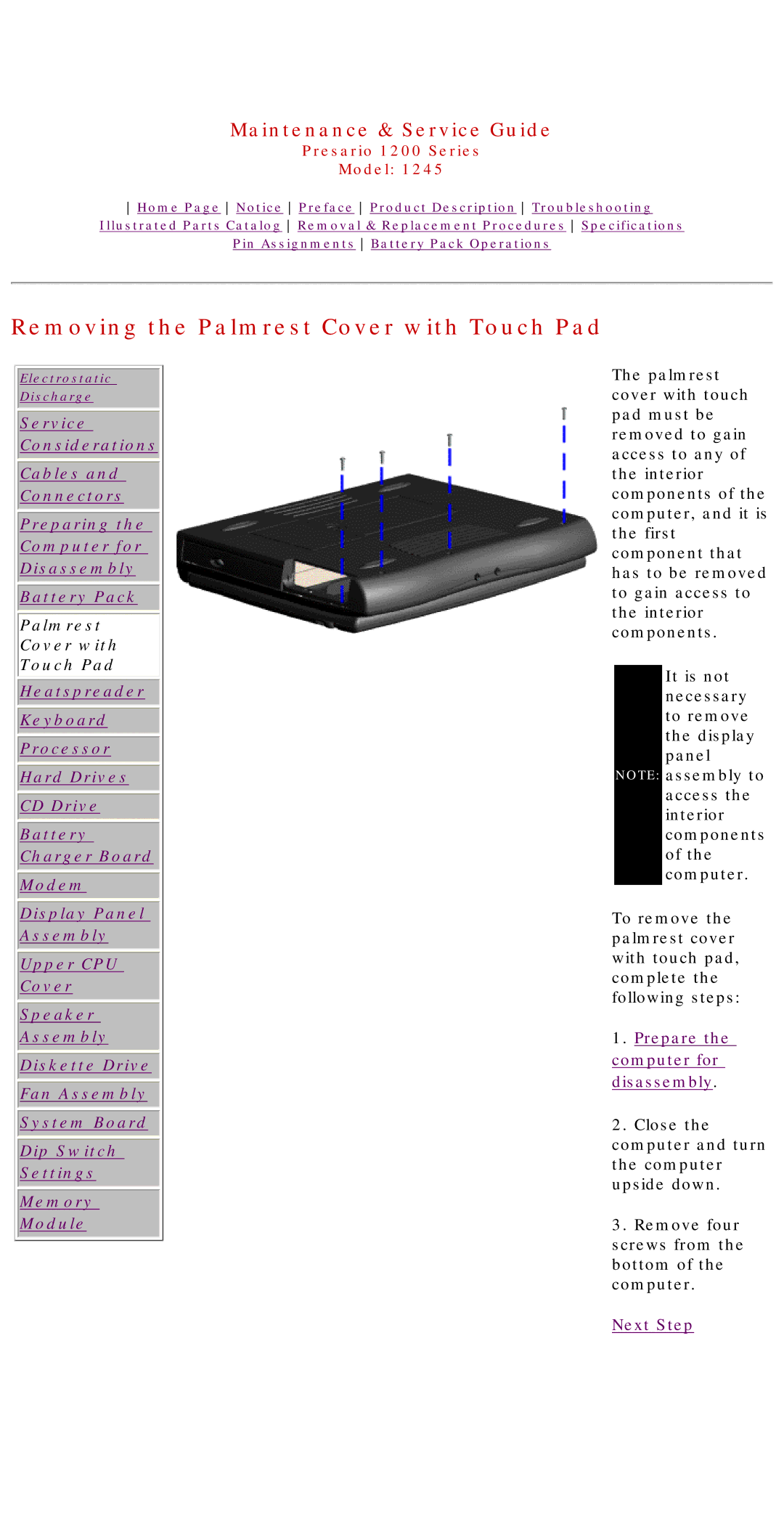 Compaq 1245 specifications Removing the Palmrest Cover with Touch Pad, Prepare the computer for disassembly 