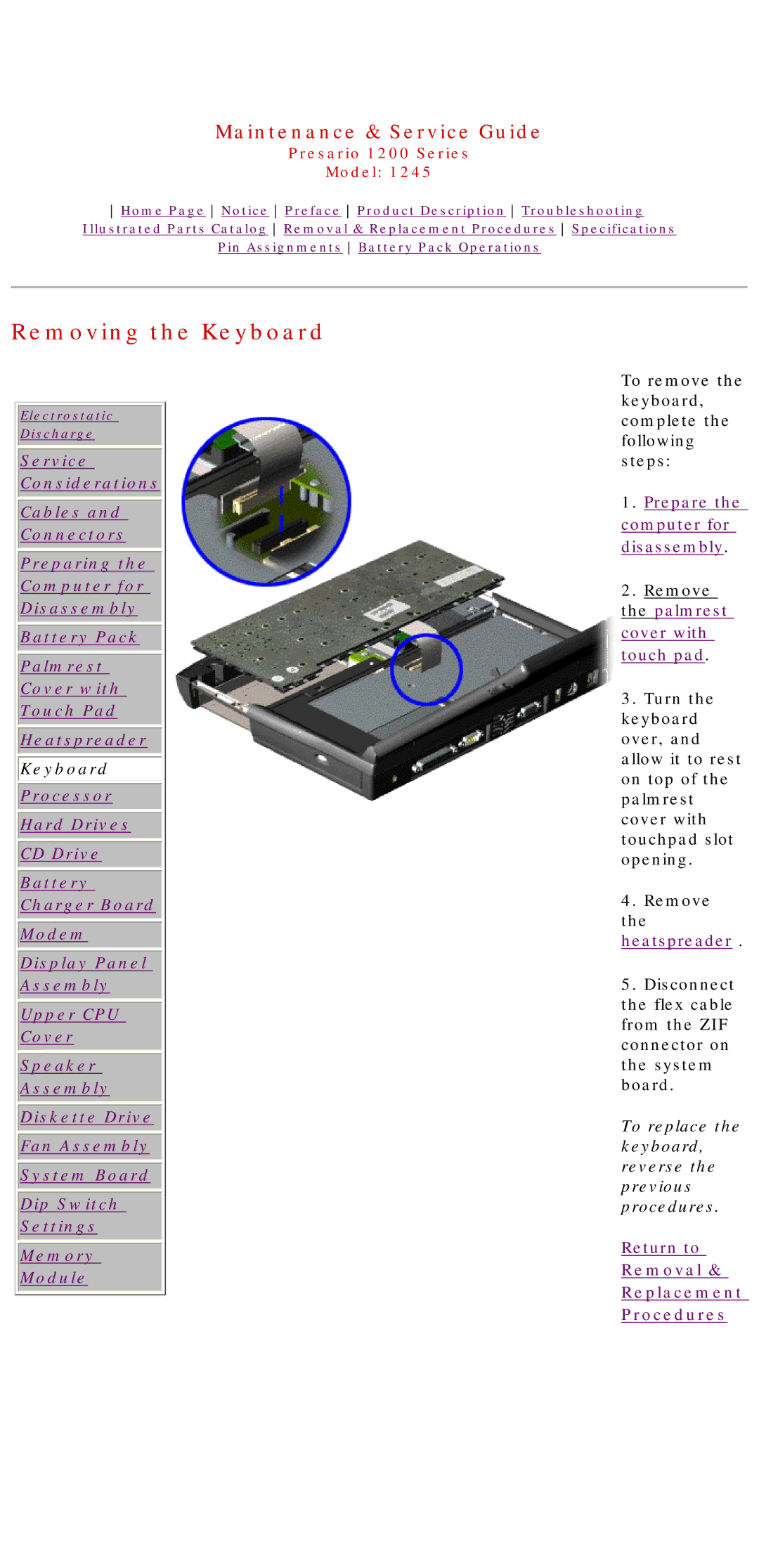 Compaq 1245 specifications Removing the Keyboard 