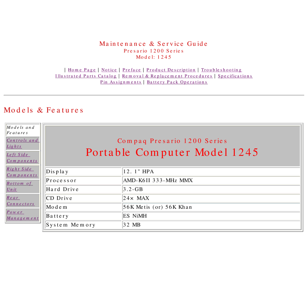 Compaq 1245 specifications Models & Features, Display 12 HPA Processor, Hard Drive CD Drive 24× MAX Modem 