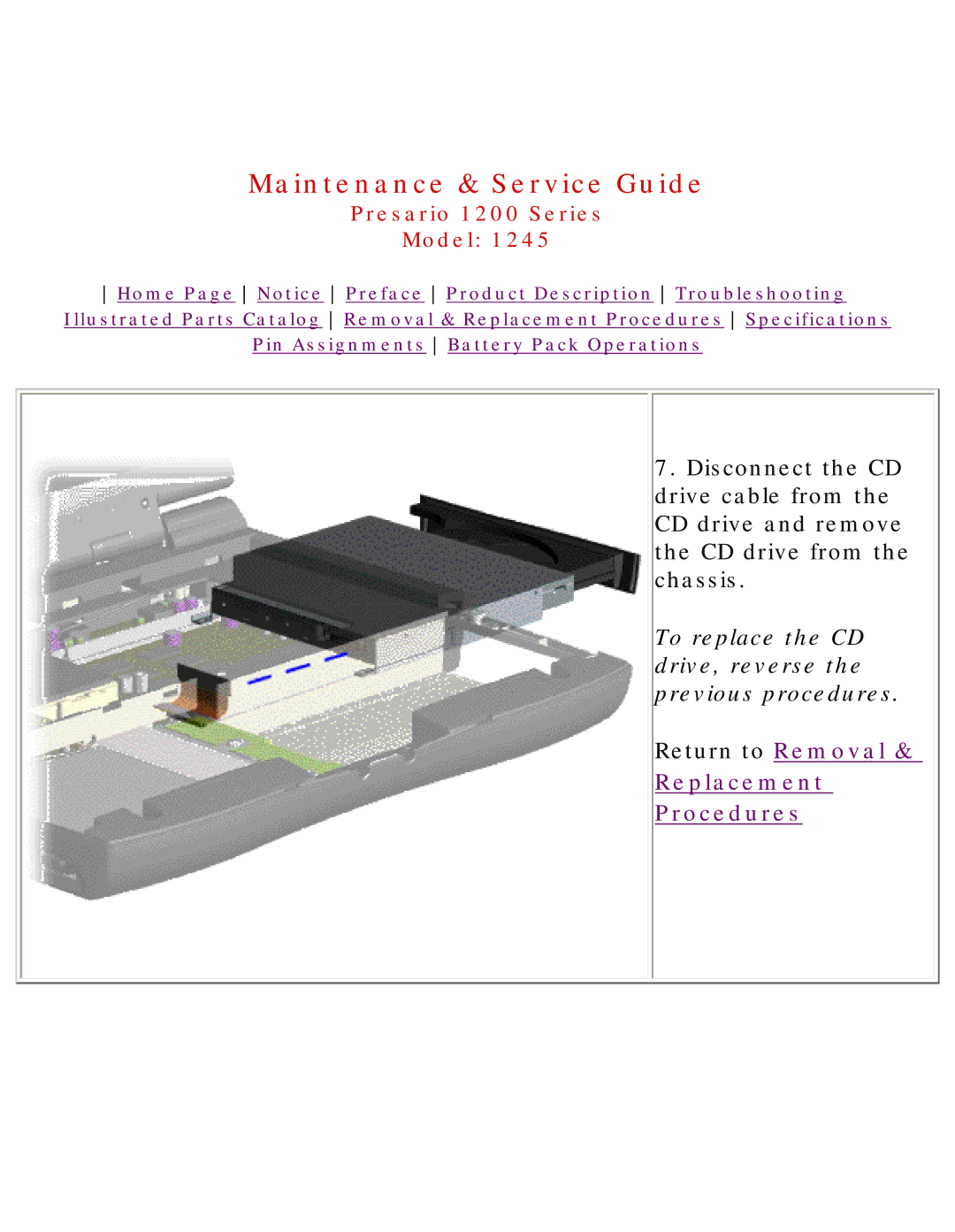 Compaq 1245 specifications To replace the CD drive, reverse the previous procedures 