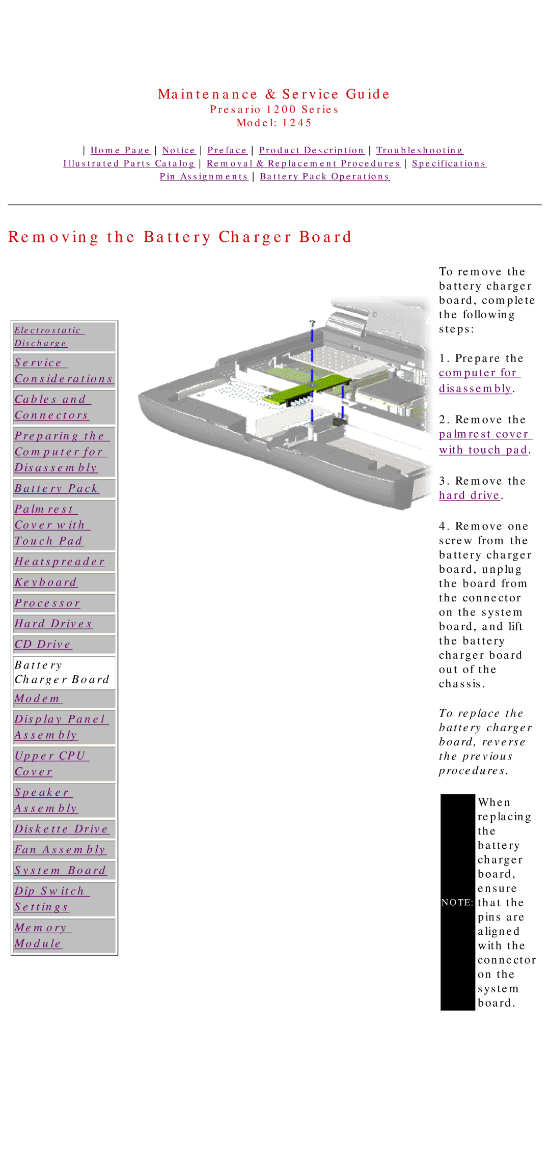 Compaq 1245 specifications Removing the Battery Charger Board 