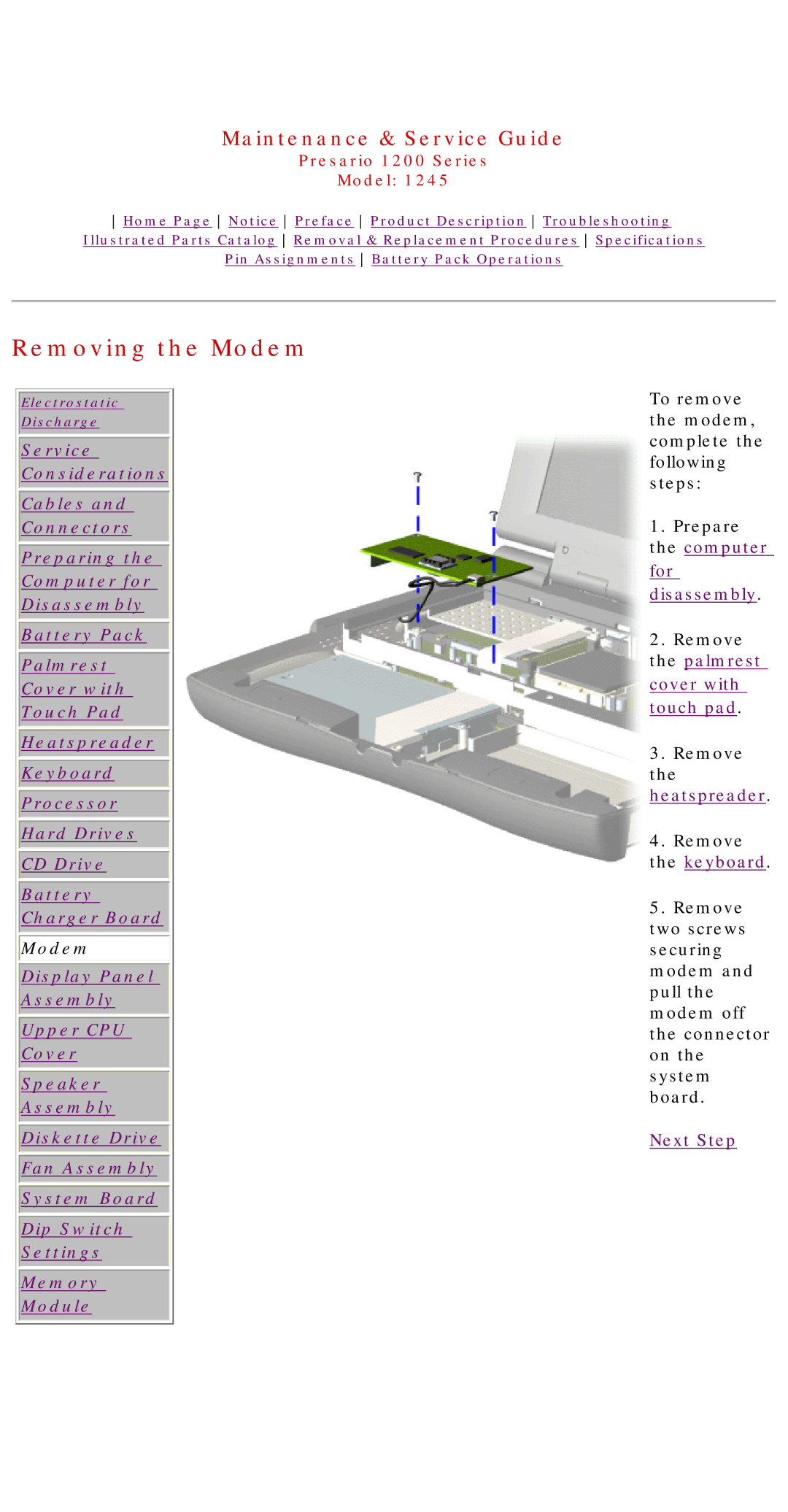 Compaq 1245 specifications Removing the Modem 