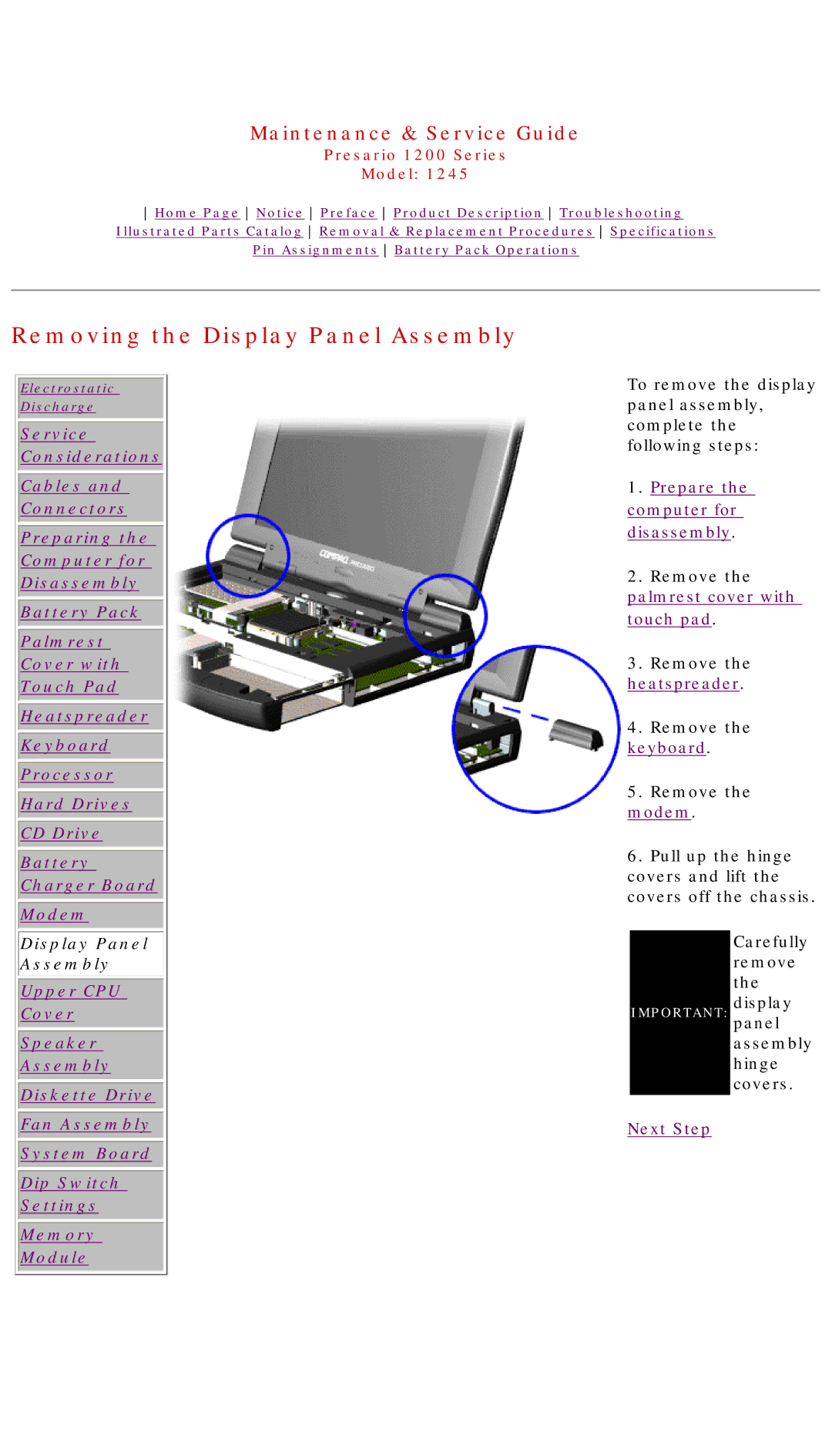 Compaq 1245 specifications Removing the Display Panel Assembly 