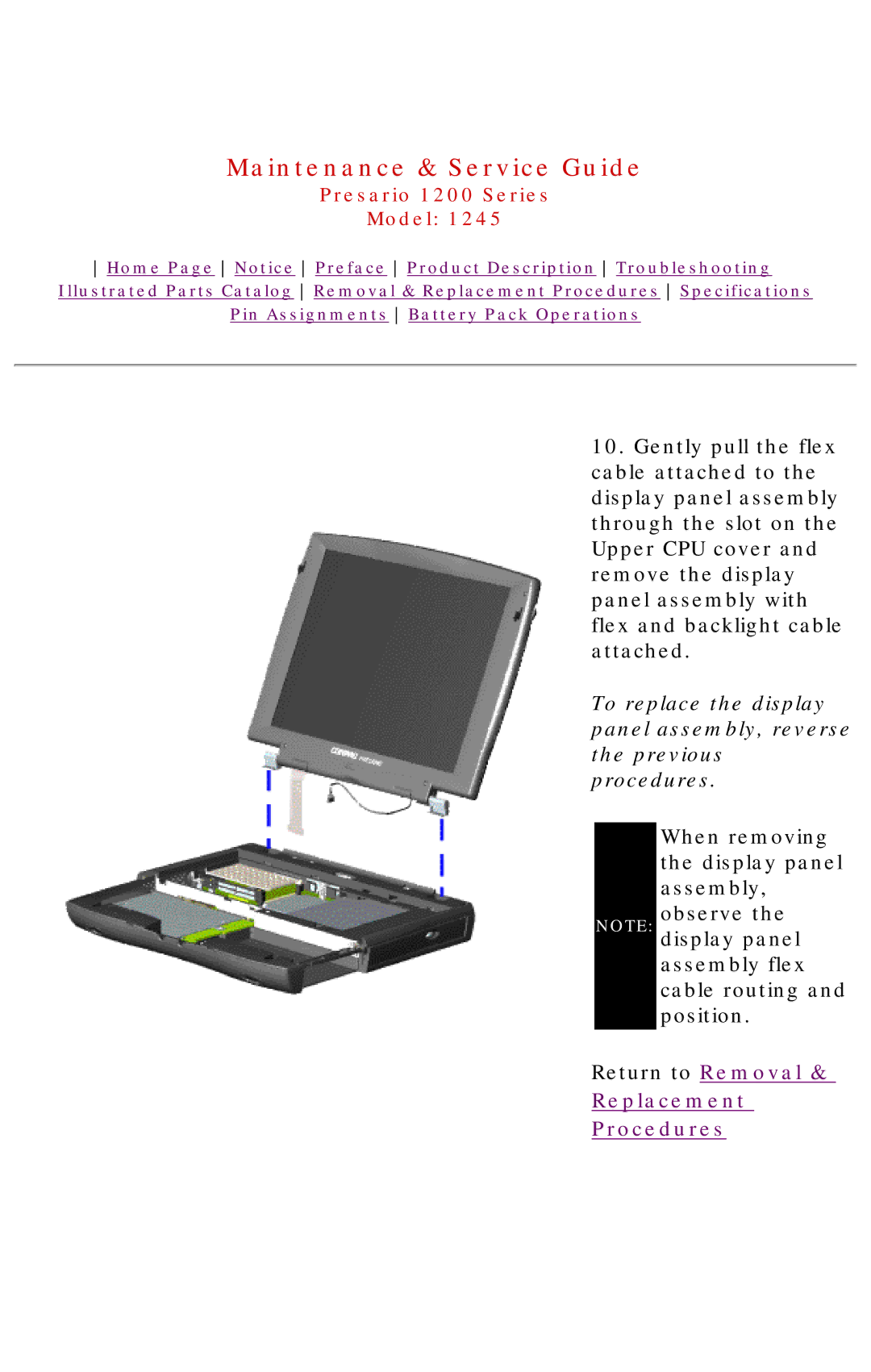 Compaq 1245 specifications When removing the display panel assembly Return to Removal 