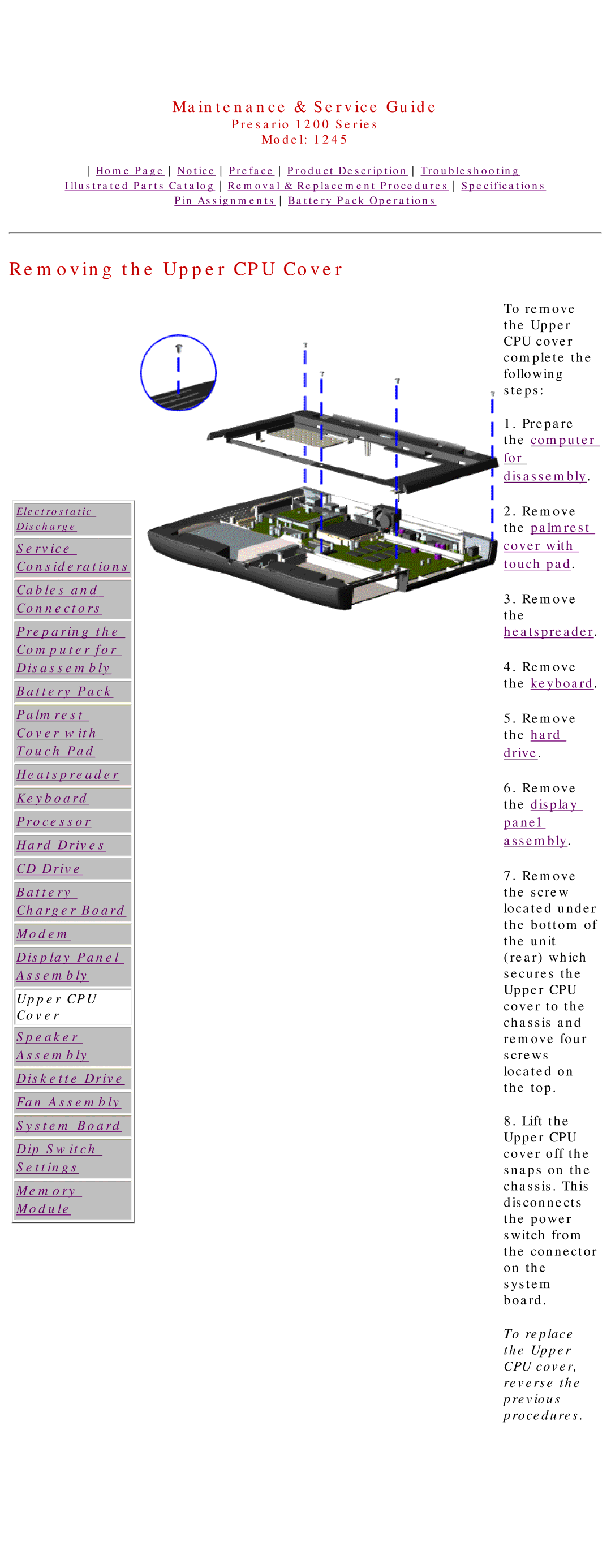 Compaq 1245 specifications Removing the Upper CPU Cover 