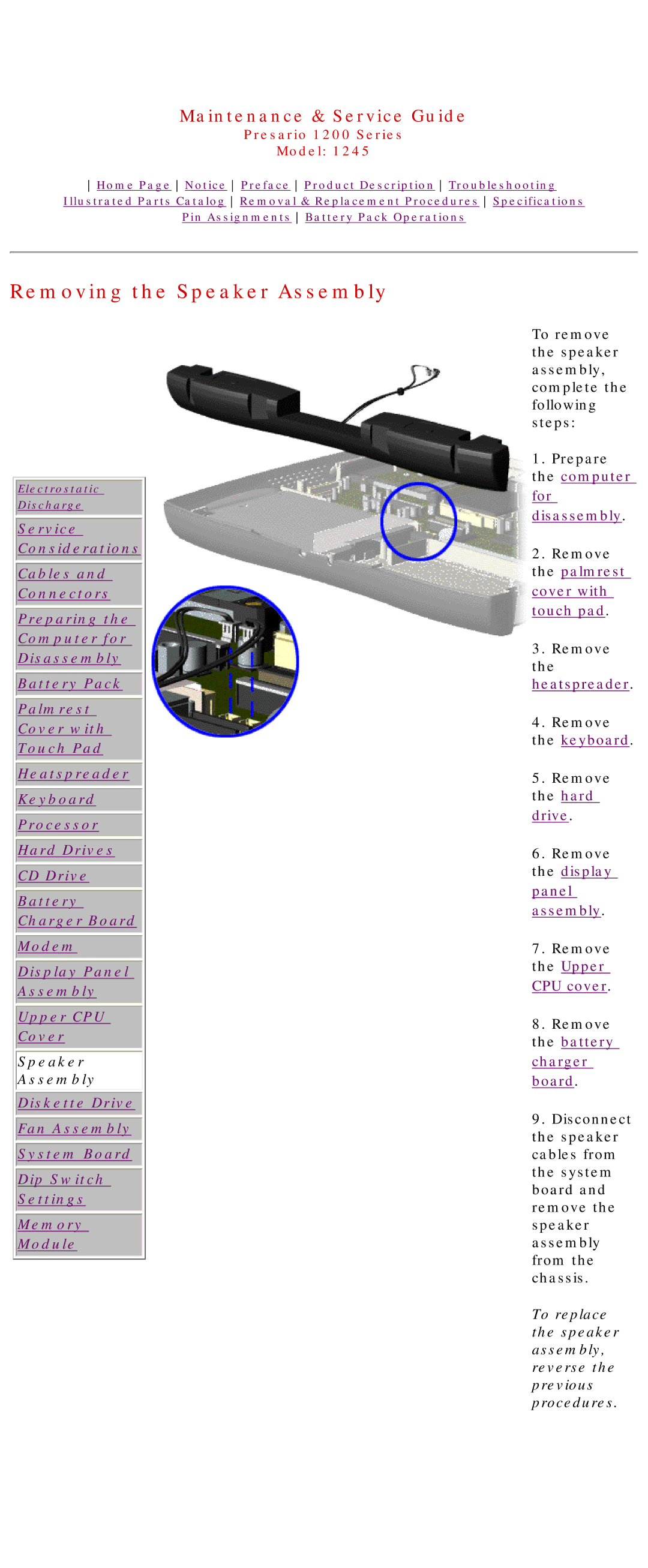 Compaq 1245 specifications Removing the Speaker Assembly 