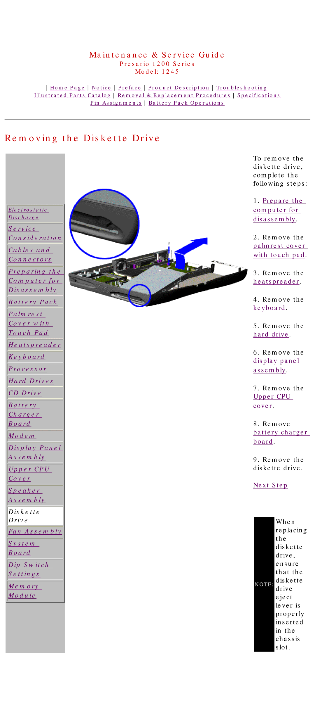 Compaq 1245 specifications Removing the Diskette Drive, Fan Assembly System Board Dip Switch Settings Memory Module 