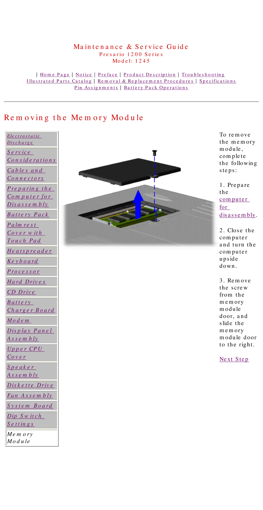 Compaq 1245 specifications Removing the Memory Module 