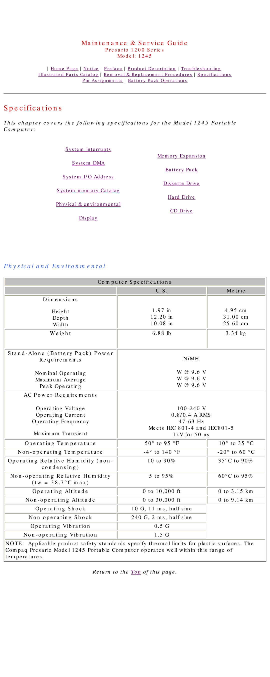 Compaq 1245 specifications Specifications, Physical and Environmental 