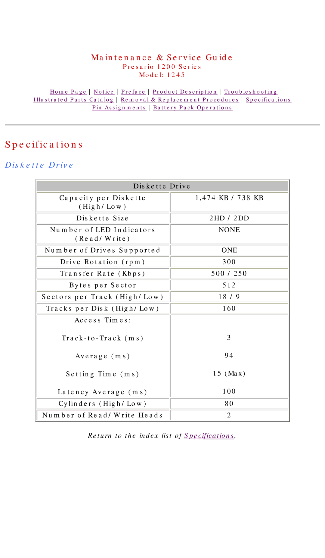 Compaq 1245 specifications Diskette Drive 