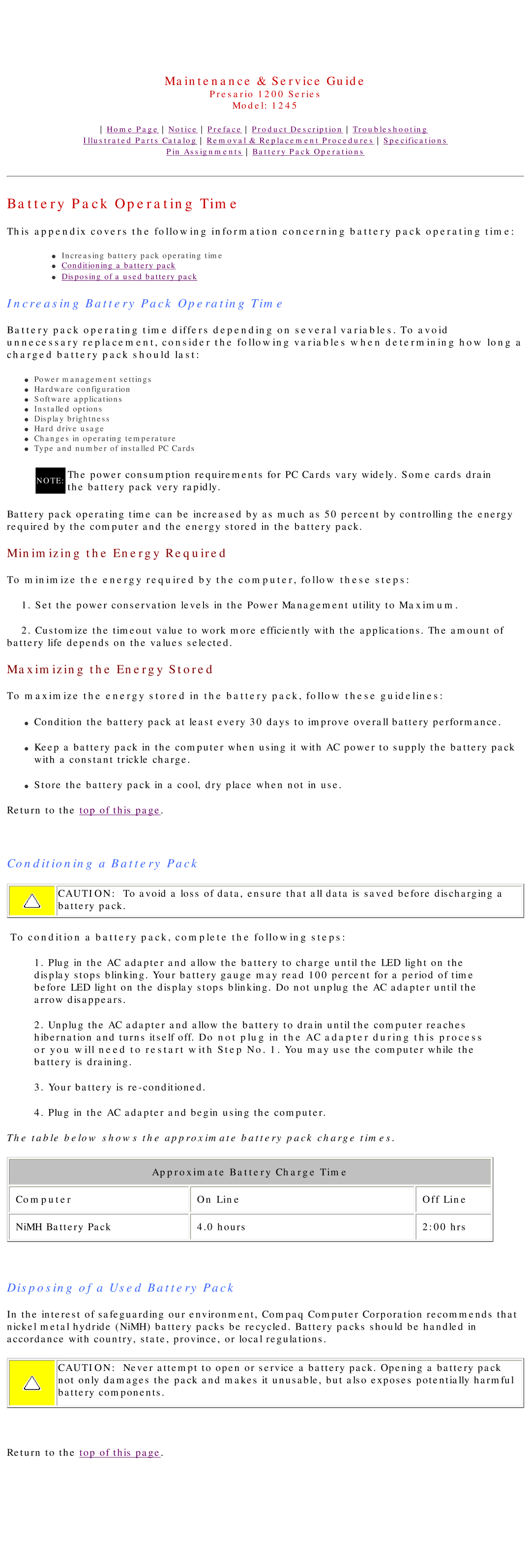 Compaq 1245 Increasing Battery Pack Operating Time, Conditioning a Battery Pack, Disposing of a Used Battery Pack 