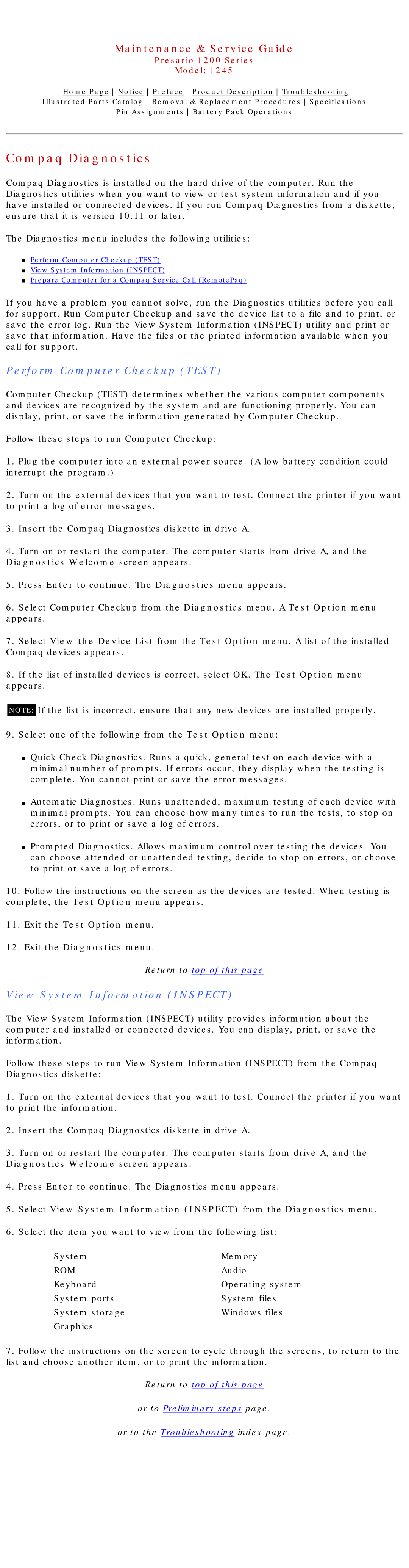 Compaq 1245 specifications Compaq Diagnostics, Perform Computer Checkup Test, View System Information Inspect 