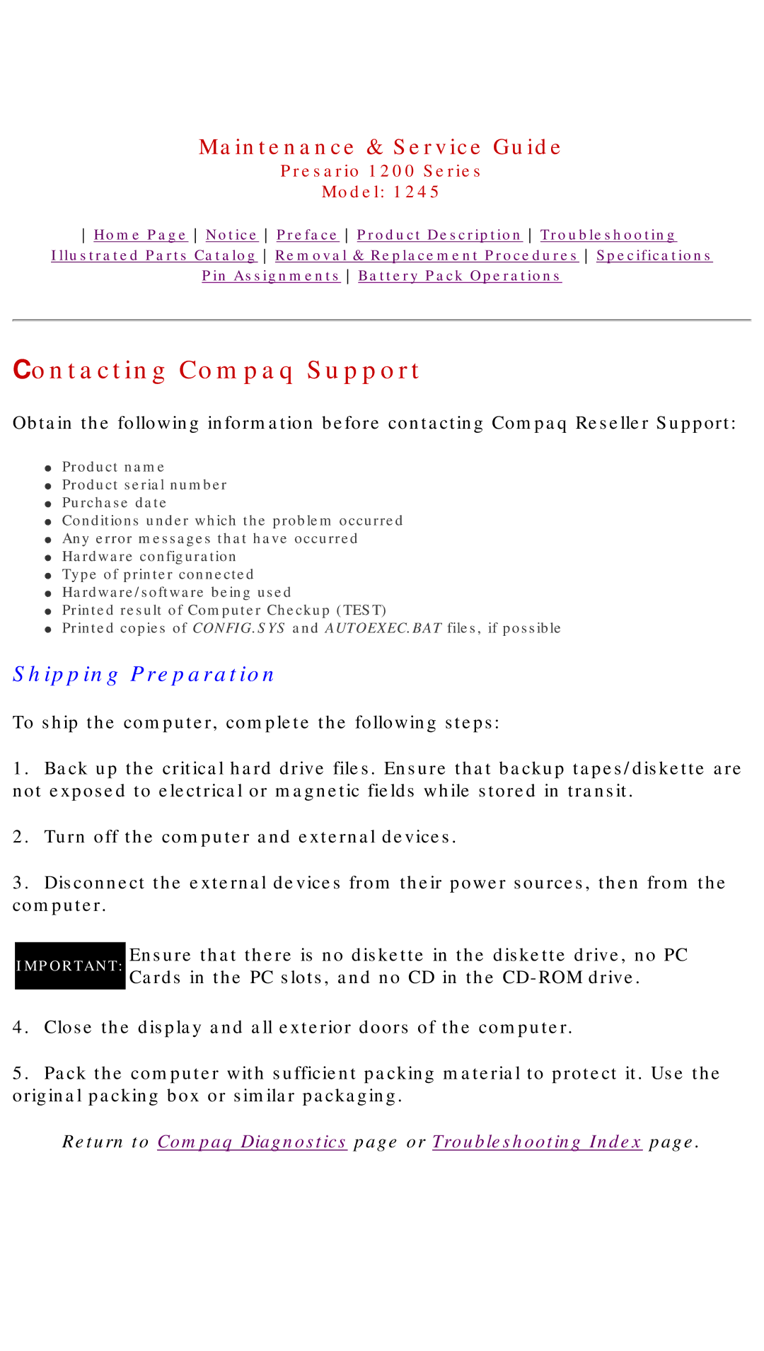 Compaq 1245 specifications Contacting Compaq Support, Shipping Preparation 