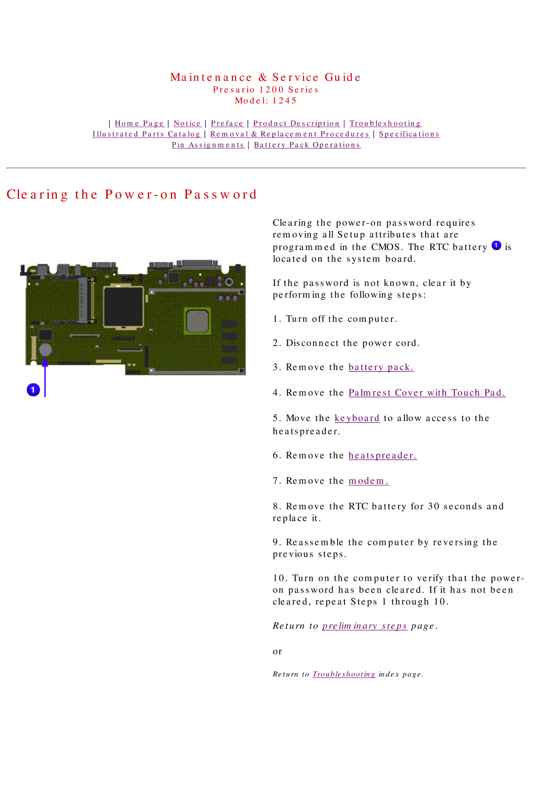 Compaq 1245 specifications Clearing the Power-on Password, Remove the Palmrest Cover with Touch Pad 