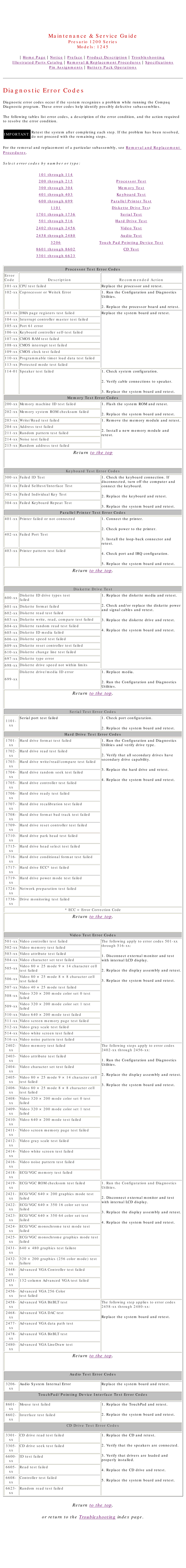 Compaq 1245 specifications Diagnostic Error Codes, Select error codes by number or type 