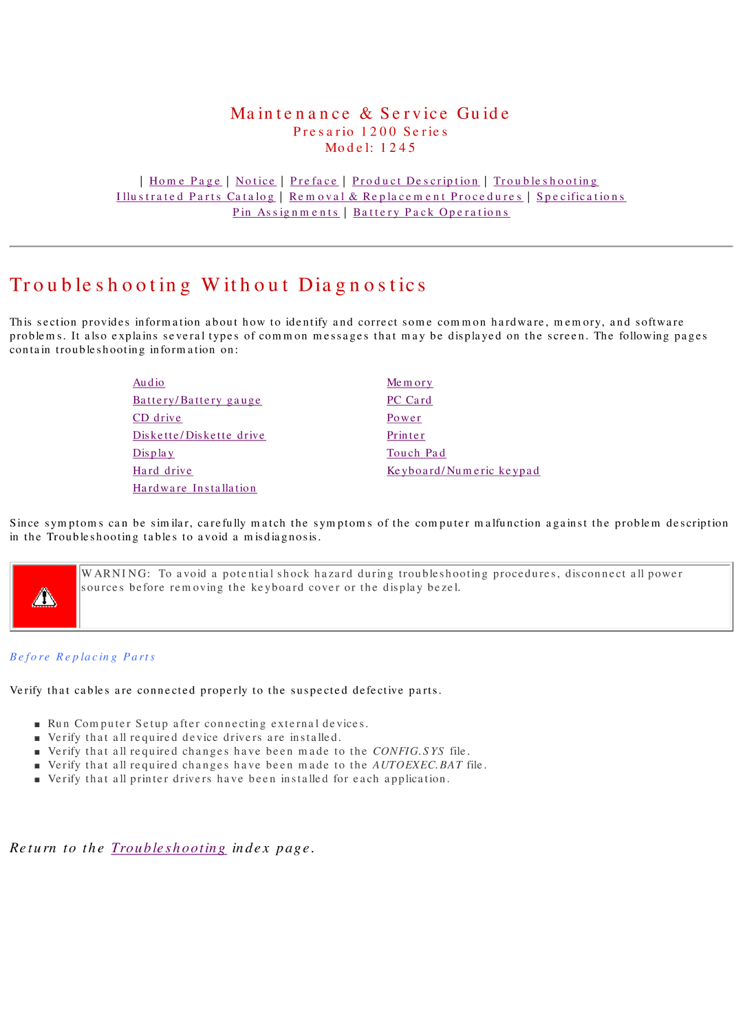 Compaq 1245 specifications Troubleshooting Without Diagnostics, Before Replacing Parts 