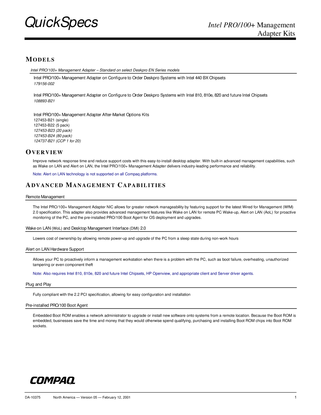 Compaq 127453-B21 manual Models, Overview, Advanced Management Capabilities 