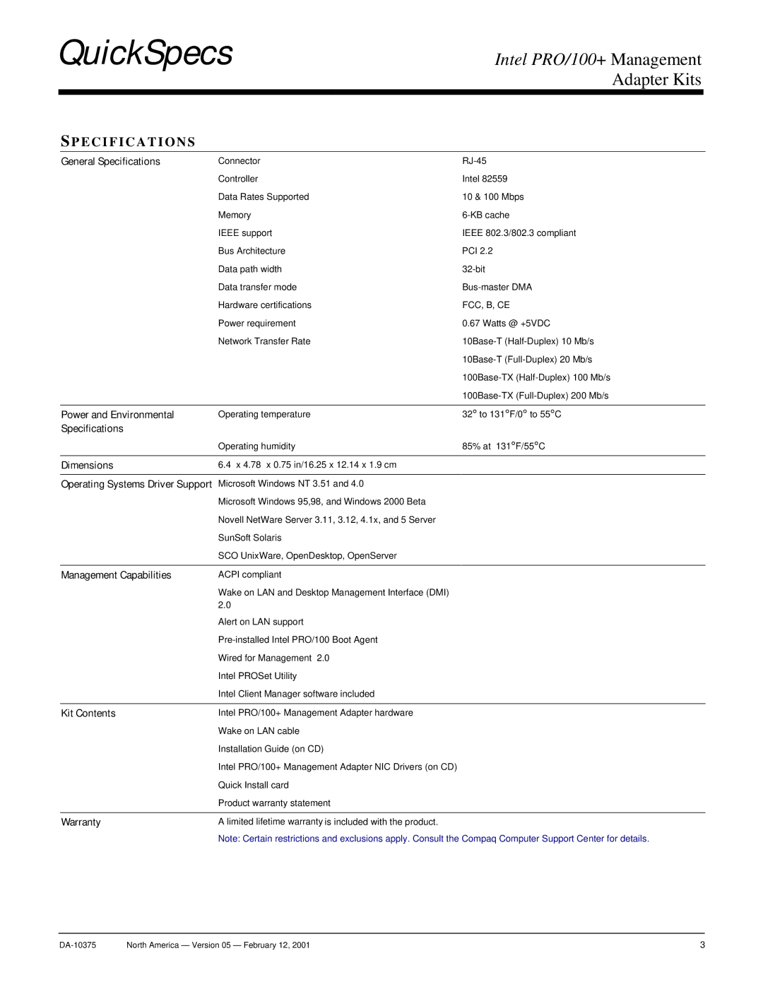 Compaq 127453-B21 manual Specifications 