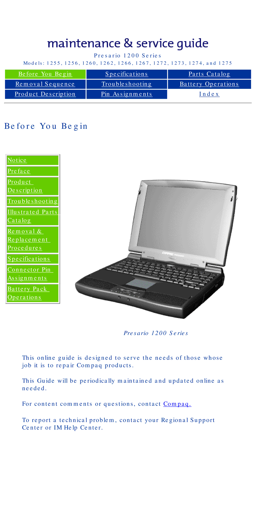 Compaq 1266, 1275, 1272, 1267, 1274, 1273, 1262, 1260, 1255, 1256 manual Before You Begin, Index 