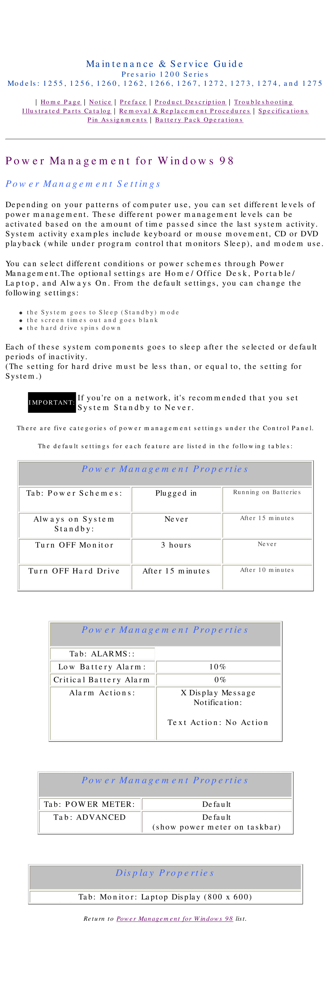 Compaq 1272, 1275, 1266, 1267, 1274, 1273, 1262, 1260 Power Management Settings, Power Management Properties, Display Properties 