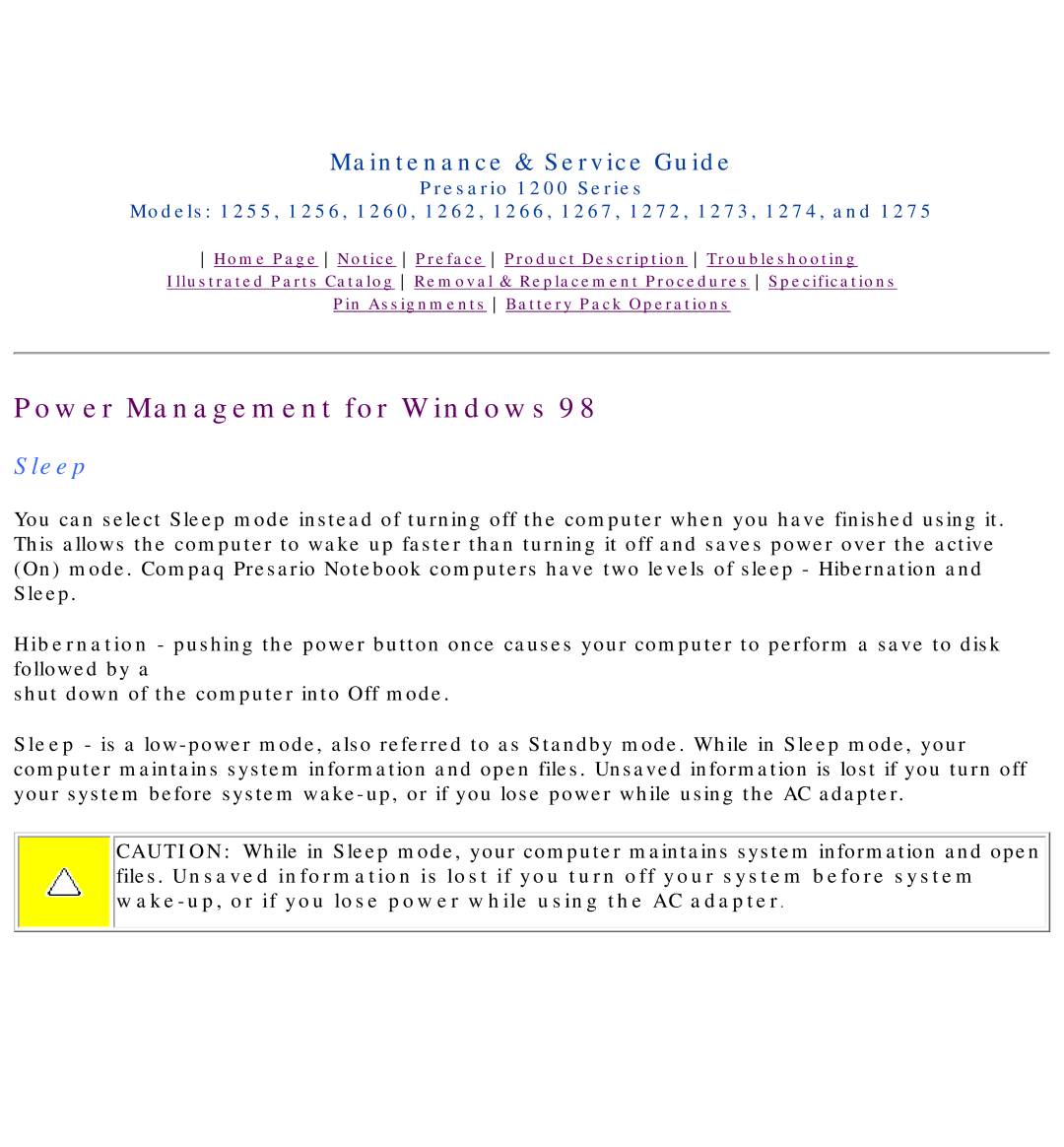 Compaq 1267, 1275, 1266, 1272, 1274, 1273, 1262, 1260, 1255, 1256 manual Sleep 