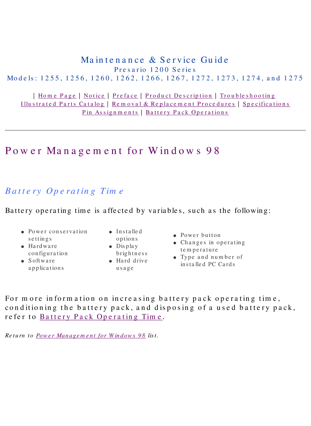 Compaq 1273, 1275, 1266, 1272, 1267, 1274, 1262, 1260, 1255, 1256 manual Battery Operating Time 