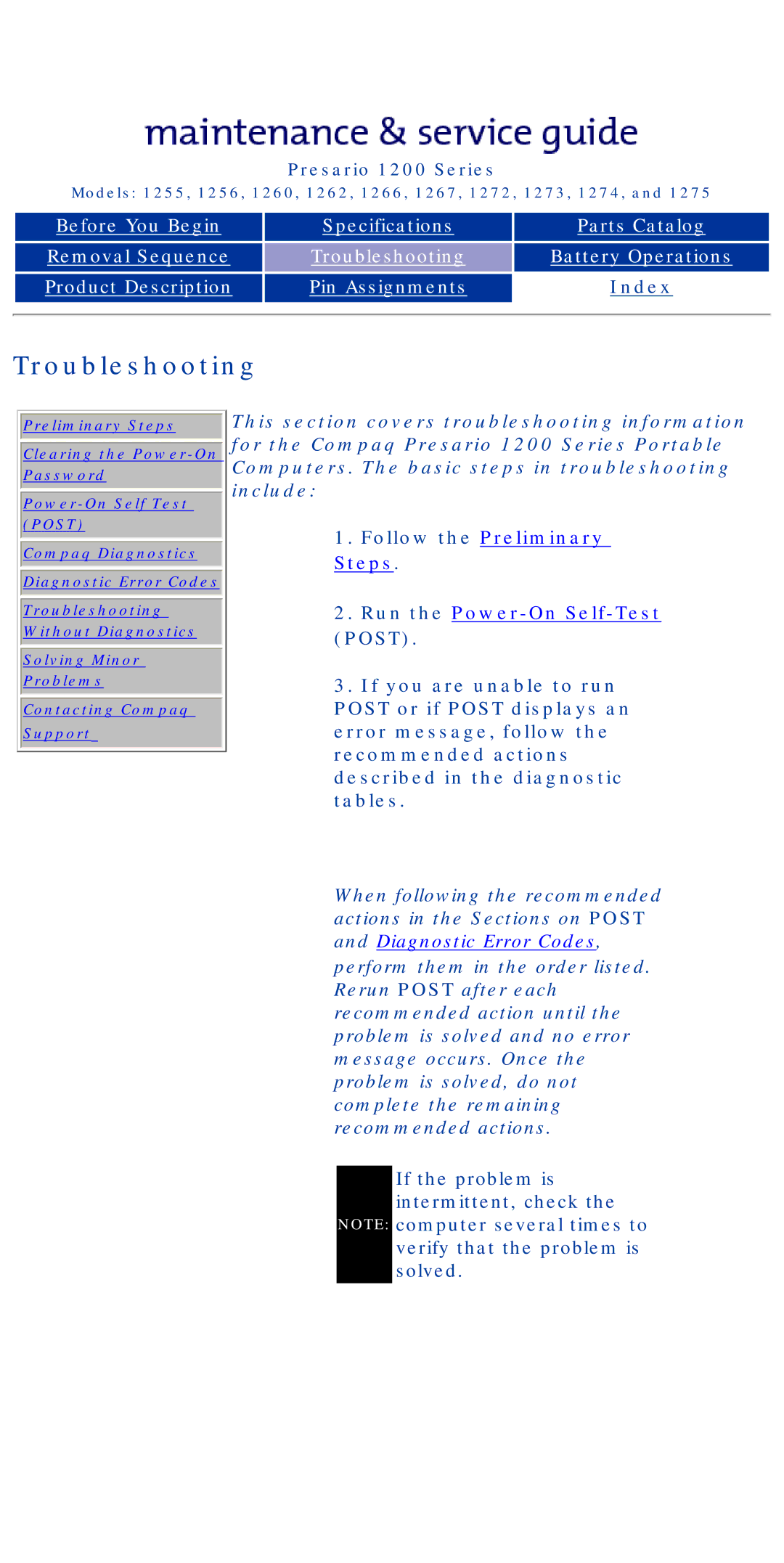 Compaq 1255, 1275, 1266, 1272, 1267, 1274 Troubleshooting, Follow the Preliminary Steps, If the problem is intermittent, check 