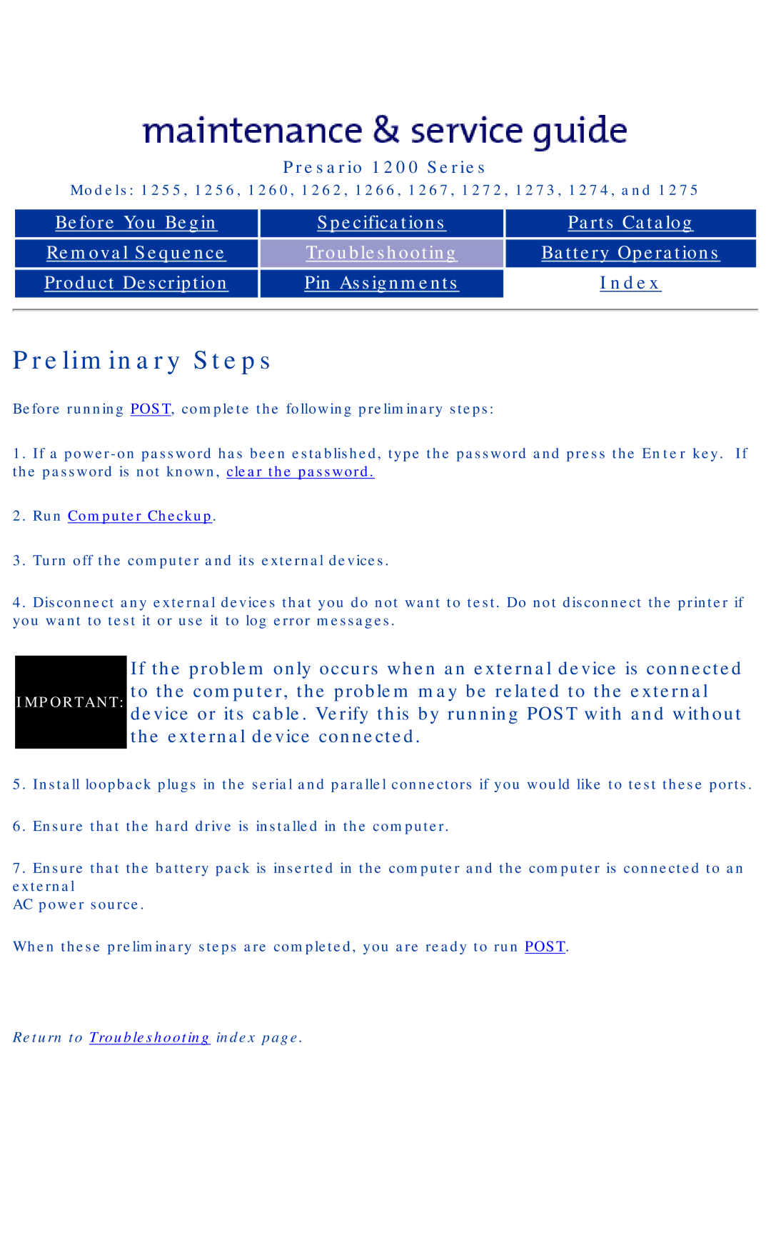 Compaq 1256, 1275, 1266, 1272, 1267, 1274, 1273, 1262, 1260, 1255 manual Preliminary Steps 