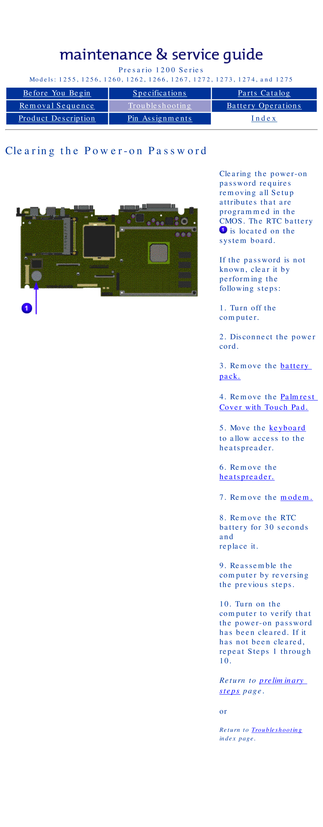 Compaq 1266, 1275, 1272, 1267, 1274, 1273, 1262, 1260, 1255, 1256 manual Clearing the Power-on Password, Remove the Palmrest 