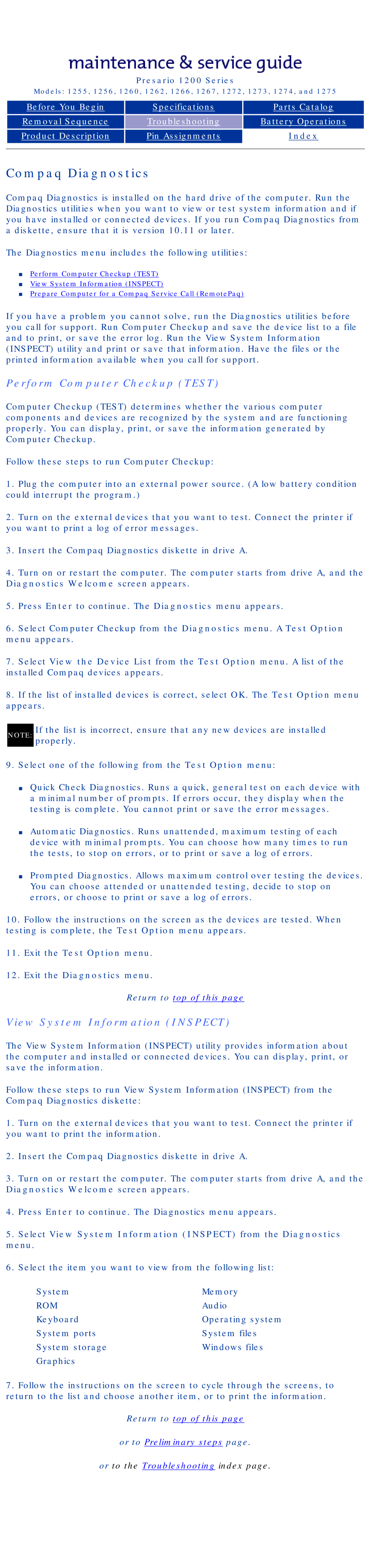 Compaq 1272, 1275, 1266, 1267, 1274 Compaq Diagnostics, Perform Computer Checkup Test, View System Information Inspect, Audio 