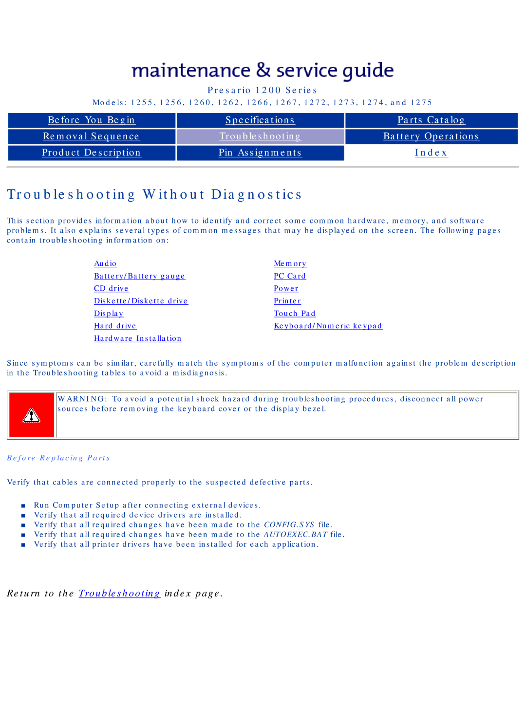 Compaq 1274, 1275, 1266, 1272, 1267, 1273, 1262, 1260, 1255, 1256 manual Troubleshooting Without Diagnostics, Before Replacing Parts 