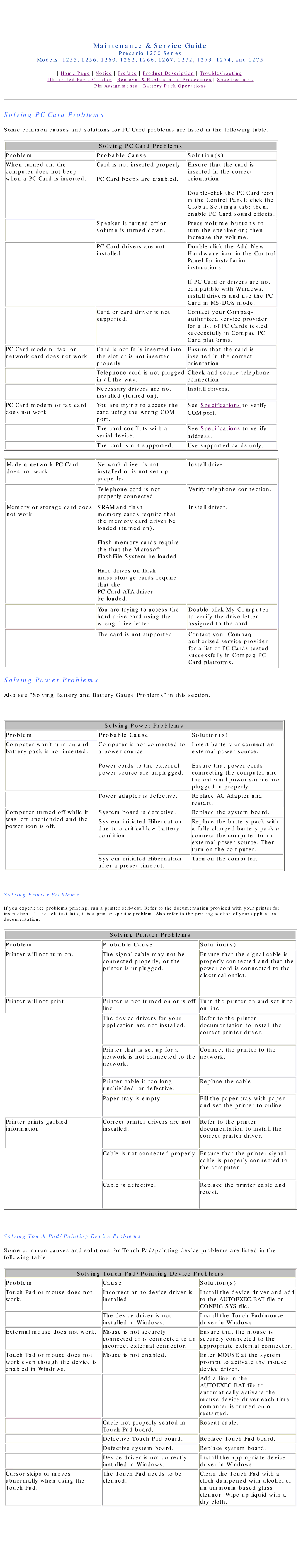Compaq 1262, 1275, 1266, 1272, 1267, 1274, 1273, 1260, 1255, 1256 manual Solving PC Card Problems, Solving Power Problems 