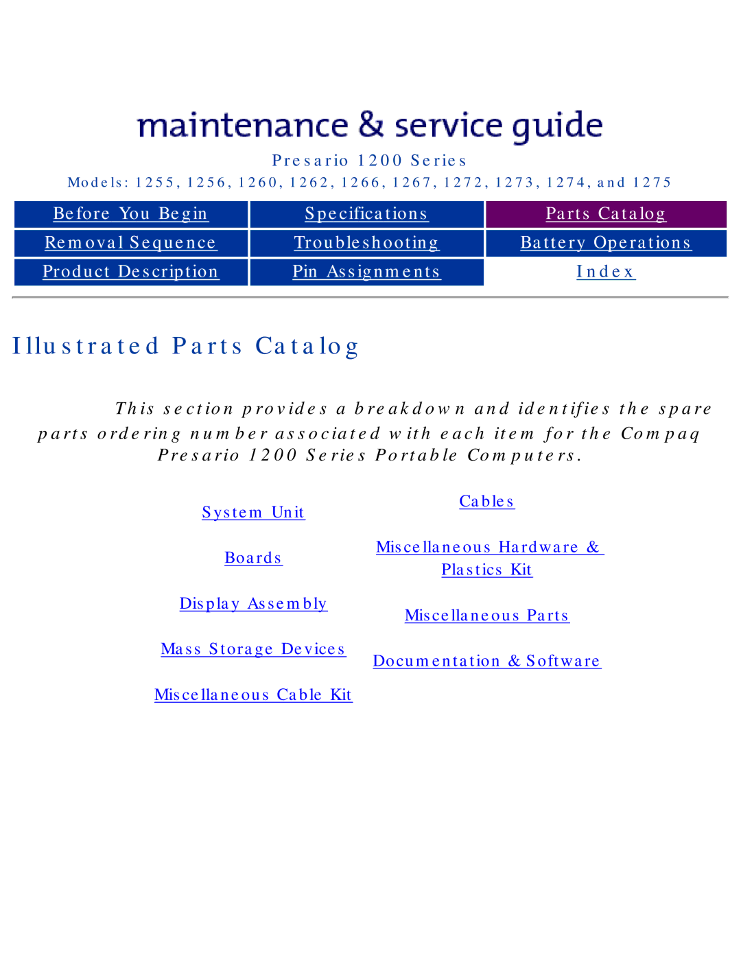 Compaq 1255, 1275, 1266, 1272, 1267, 1274, 1273, 1262, 1260, 1256 manual Illustrated Parts Catalog 