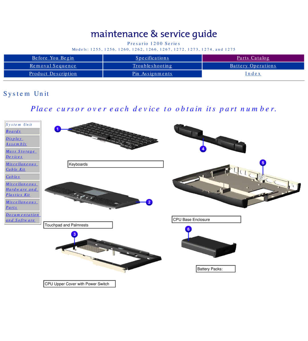 Compaq 1256, 1275, 1266, 1272, 1267, 1274, 1273, 1262, 1260 Place cursor over each device to obtain its part number, System Unit 