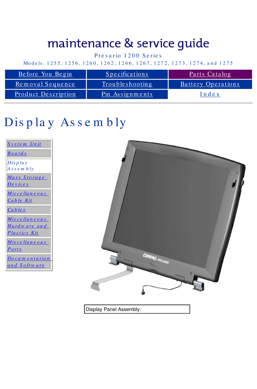 Compaq 1266, 1275, 1272, 1267, 1274, 1273, 1262, 1260, 1255, 1256 manual Display Assembly 