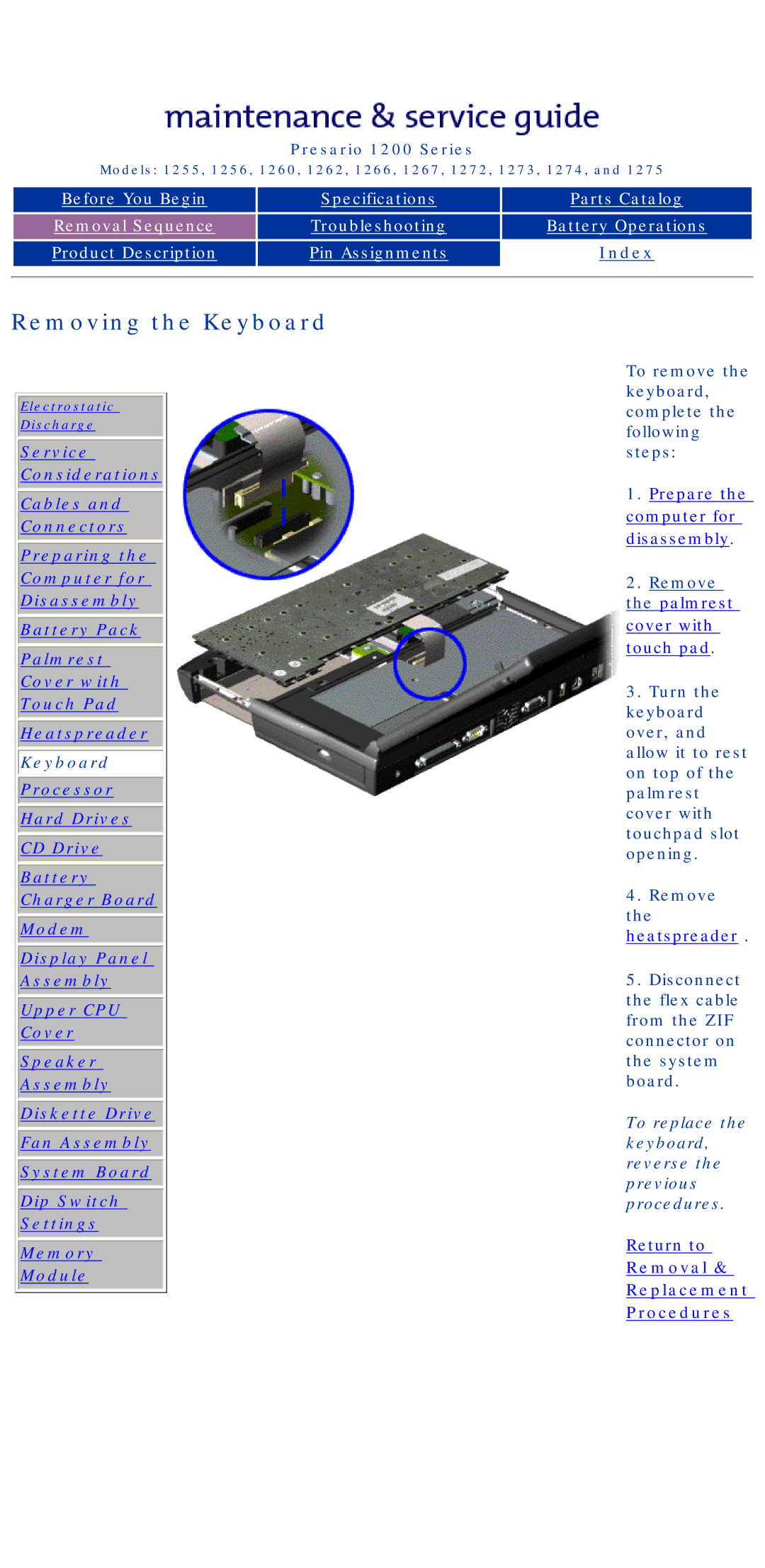 Compaq 1267, 1275, 1266, 1272, 1274, 1273, 1262 Removing the Keyboard, To remove the keyboard, complete the following steps 